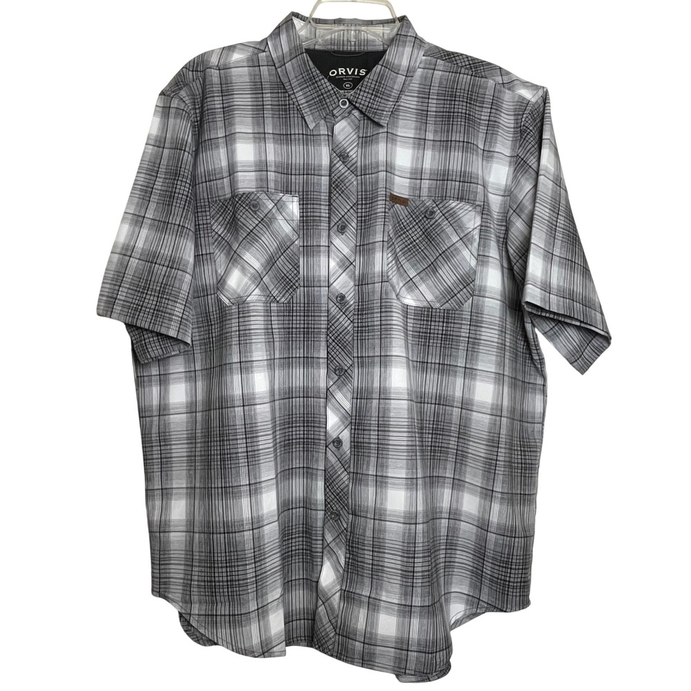 ORVIS Mens Plaid Short Sleeve‎ Button Up Shirt Gray White XL Classic Collection